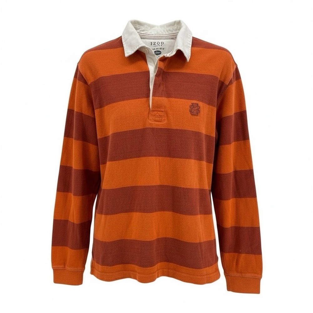 Vintage Izod Lacoste Long Sleeve Polo Rugby Shirt S Orange Rust Stripe